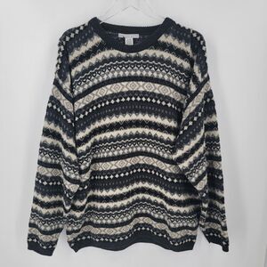 Geoffrey Beene Sweater Men's XL Geo Print Stripe Knit Black Gray White